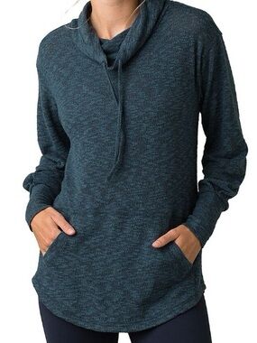 prAna Cowl Neck Hoodie Gray/Blue Pullover Sweatshirt Organic Cotton Medium